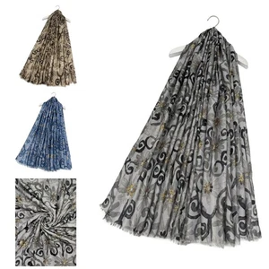 Sciarpa donna decorativa lamina oro stampa floreale festiva bordo sfilacciato stola 8171 - Foto 1 di 7