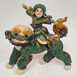 Chinese Ceramic Roof Tile Warrior Riding a Foo Dog for Peace & Protection - Picture 1 of 12
