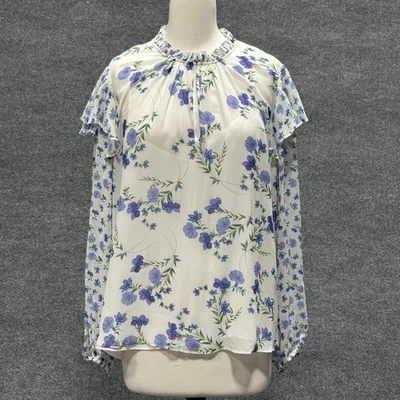 Shoshanna 衬衫女式中号白色蓝色花卉荷叶领透明衬里 — 第 1/4 张图片