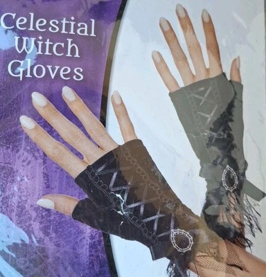 Guantes de bruja de terciopelo negro celestial Spirit Halloween de lujo talla única cinta encaje Foto 1 de 4