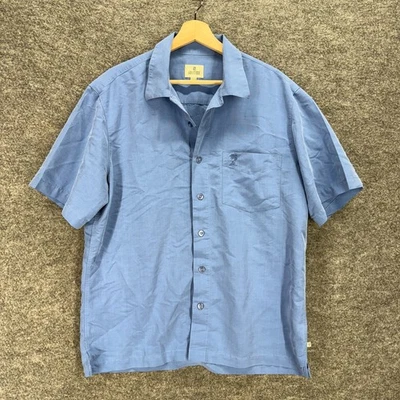 Solitude Shirt Men M Medium Blue Button Up Collared Short Sleeve Pockets Rayon - Image 1 of 4