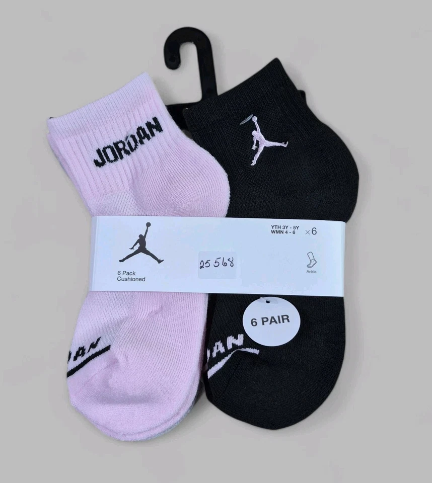 6 PAIR PACK NIKE JORDAN LIGHTWEIGHT ANKLE SOCKS GIRLS SIZE 3Y-5Y WOMEN 4-6