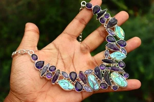 Raw Amethyst & Abalone Shell, stone handmade 925 silver necklace - Picture 1 of 4