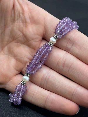 Sterling Pearl/Amethyst Gemstone Beaded Bracelet- 13.6 Grams-Vintage Estate Find - Image 1 of 4