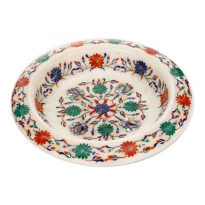 12 " Weißer Marmor Dekorativ Obstschale Pietradura Inlay Heim Dekor Und Geschenk - Bild 1 von 3