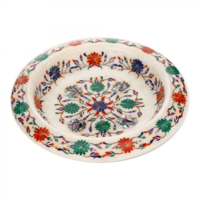 12 " Weißer Marmor Dekorativ Obstschale Pietradura Inlay Heim Dekor Und Geschenk - Bild 1 von 3