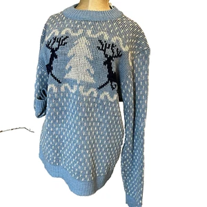 Vintage 70s Sears Sweater M Blue Mens Store Birdseye Ugly Christmas Orlon Deer - Picture 1 of 9
