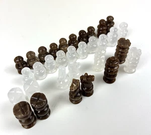 VTG Hand Carved Brown and Clear White Marble Chess Set - 32 Small Pieces Total - Picture 1 of 15