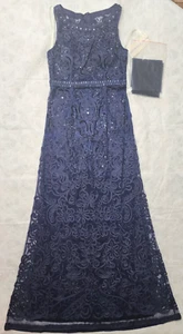 NWT Cameron Blake Bateau Neckline Long Evening Gown monc_115604 Navy Blue Size 8 - Picture 1 of 15
