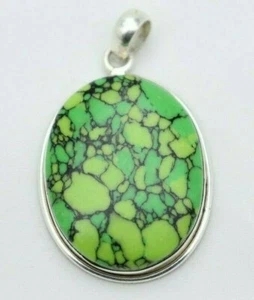 GreenTurquoise Oval Shape Stone 92.5 Sterling Silver Vintage Style Pendant - Picture 1 of 5