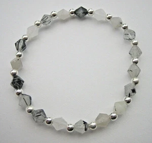 Pulsera de piedras preciosas de cuarzo turmalina husillo facetado bola de plata 925 cinta elástica - Imagen 1 de 5