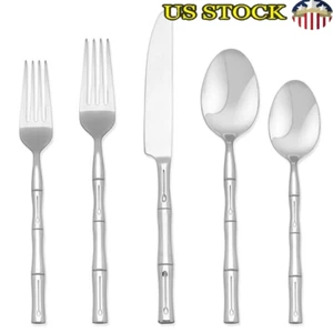 20 Piece Bamboo Flatware Set Stainless Steel Cutlery 4 Dishwasher Safe Dining US - Picture 1 of 3