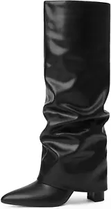 Knee High Boots Women Fold over Knee High Boots Chunky High Heels Long Boots Zip - Picture 1 of 12