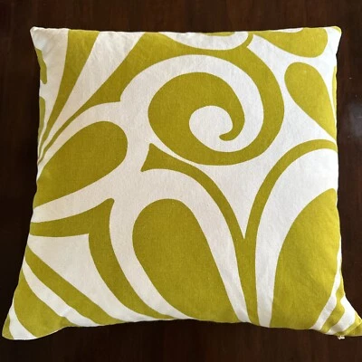 CB2 Crate & Barrel Ibiza Pillow Cover + Insert White Chartruse Green Mod Print - Image 1 of 4
