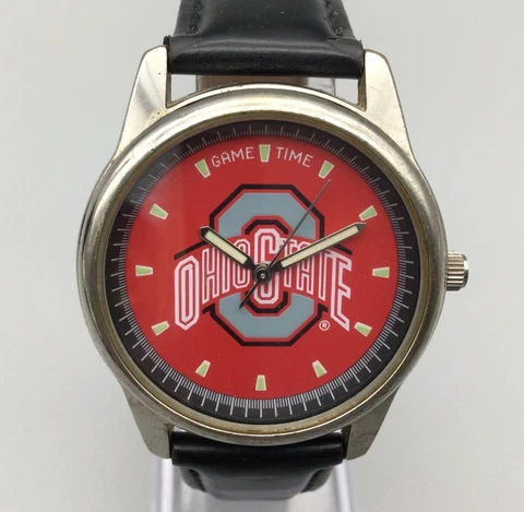 Ohio State Watch Men Silver Tone Red Dial 36mm Black Leather Band New Battery Cover