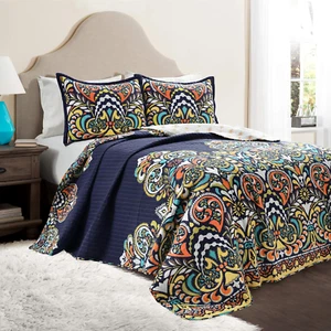 Clara Quilt 3 Piece Reversible Bedding Set, Full/Queen, Navy - Picture 1 of 9