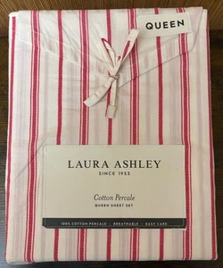 Laura Ashley Queen Sheet Set Holiday Symphony Stripe Red 4pc 100% Cotton - Picture 1 of 4