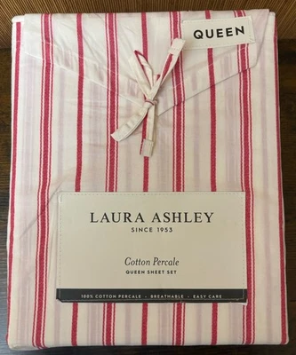 Laura Ashley Queen Sheet Set Holiday Symphony Stripe Red 4pc 100% Cotton - Image 1 of 4