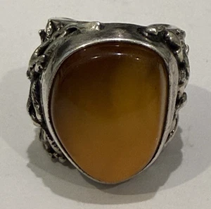 ANELLO AMBRA BRUTALISTA ARGENTO STERLING VINTAGE PRIMI MARCATI - Foto 1 di 5