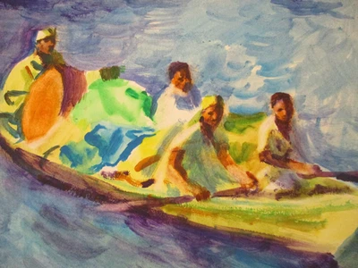 De colección MCM Gouache Pintura Andre Delfau Modernista Abstracto Surrealistas Figuras Barco Foto 1 de 4