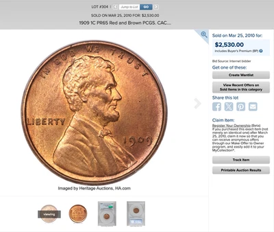 1909 PCGS PR65RB CAC $2,532 Auction Sale of THIS Slab! Lovely PROOF Lincoln Cent - Image 1 of 4