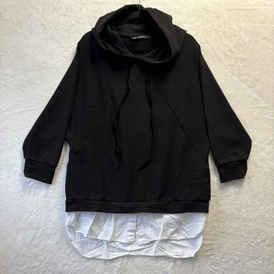 ZARA Trafaluc Collection Black Ribbed Hoodie Shirt Sz Small White Layered Hem - Image 1 of 4