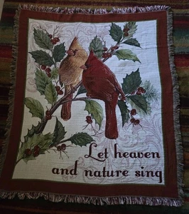 Cardinal tapestry throw blanket fringe 58"x48” Let Heaven and Nature Sing Used - Picture 1 of 5