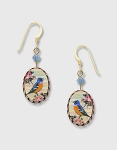 Blue Bird Pink Flower Lace Brass Oval Earrings Lemon Tree 14K GF Hook Handmade - Picture 1 of 4