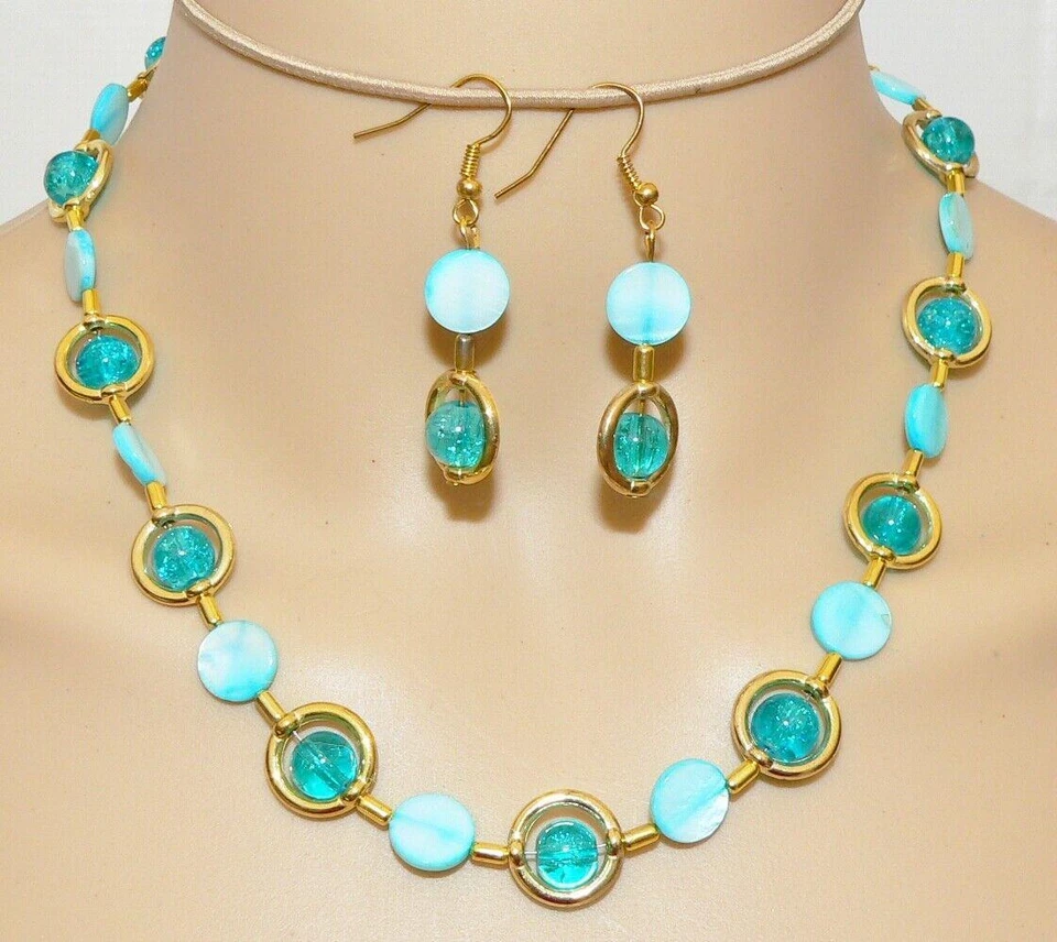 Schmuckset Kette Ohrring Perlmutt Muschel Glas Perle crash türkis gold 297c - Bild 1 von 4