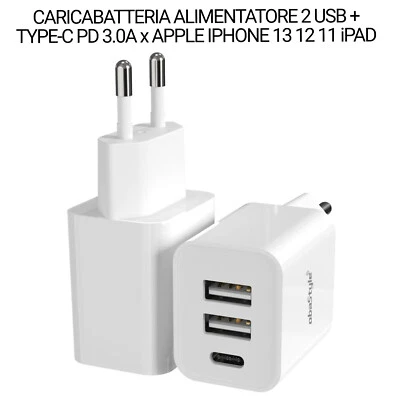 CARICABATTERIA ALIMENTATORE 2 USB + TYPE-C PD 3A per APPLE IPHONE 13 12 11 iPAD - Immagine 1 di 3