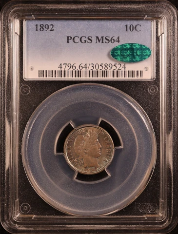 1892-P Barber Silver Dime - PCGS MS64 CAC! Beautiful Teal Green Toning! PQ+ Cover