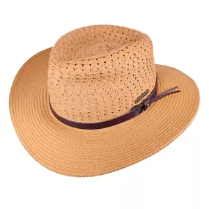 Mens Tan Safari Hat Vented Woven Paper Straw Outback Size M Unisex Faux Leather - Picture 1 of 7
