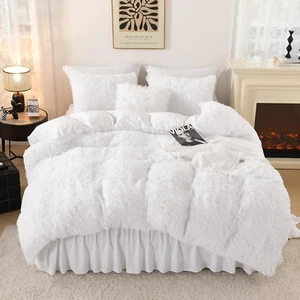 White Fluffy Comforter King Size, Luxury Shaggy Faux Fur Plush Bedding for King, - Picture 1 of 7