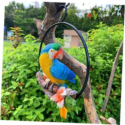  Mini estátuas de jardim penduradas anel de ferro papagaios, arte decoração lindo amarelo/azul - Imagem 1 de 4