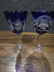 2 Val St Lambert Blue Cobalt Cut to Clear Crystal Brandy Glass Pair - Picture 1 of 4