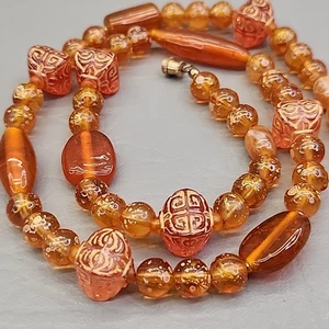 Vintage Glasperlen Halskette Orange Rund Geätzt 20" - Bild 1 von 15
