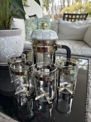 Mackenzie Childs Prensa Francesa Cuadros Esterlina - Juego con 4 Tazas de Vidrio - Raro Foto 1 de 4