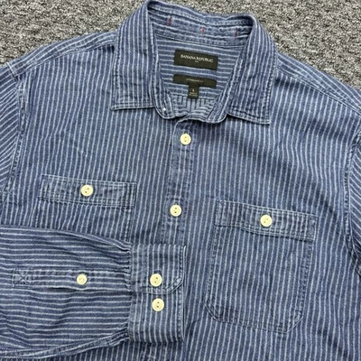 Banana Republic Shirt Mens Large Indigo Hickory Stripe Denim Work Standard Fit - Image 1 of 4