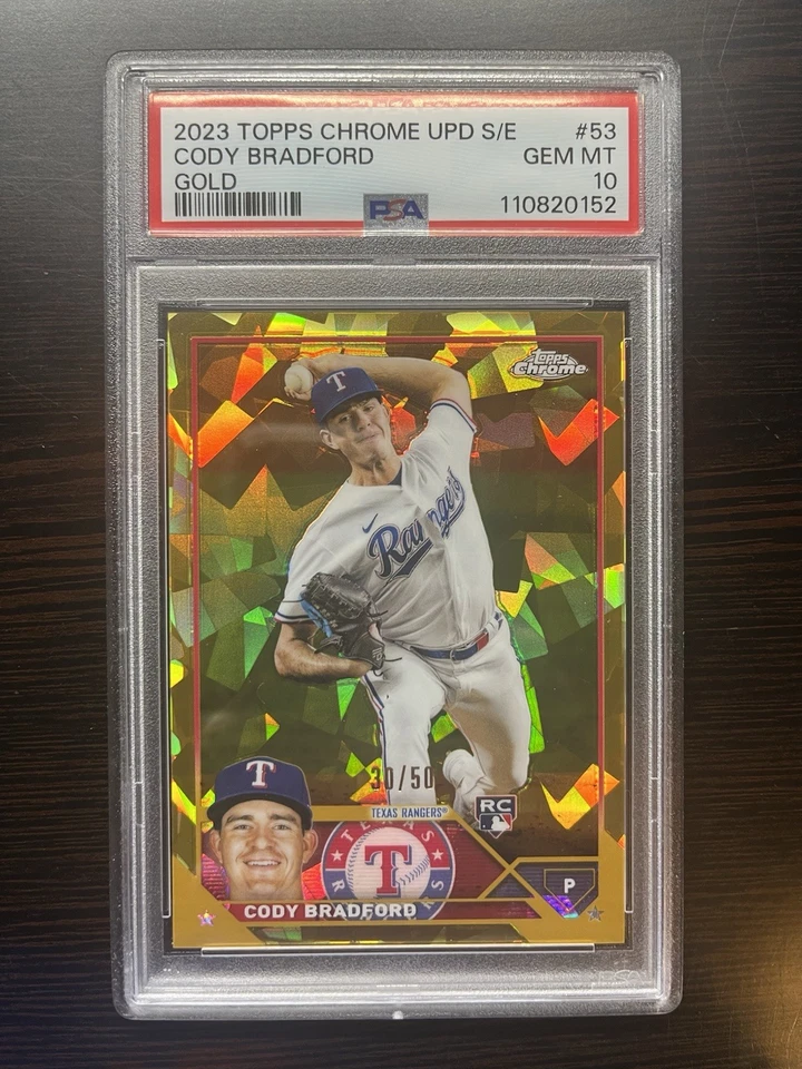 Cody Bradford 2023 Topps Chrome Update Sapphire Gold Refractor RC /50 PSA 10 RC - Image 1 of 3