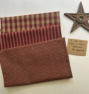3 DEEP RED Check and Ticking Stripe Fat Quarters 100% Cotton Fabric - Picture 1 of 2