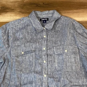 Lands End Linen Button Up Shirt Blue XL Chambray Long Sleeve Two Pocket - Picture 1 of 9