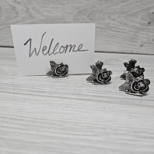 Metzke Pewter Vintage 1987 Small Roses Card Place Holder Set x4 Lot Wedding - Foto 1 di 8