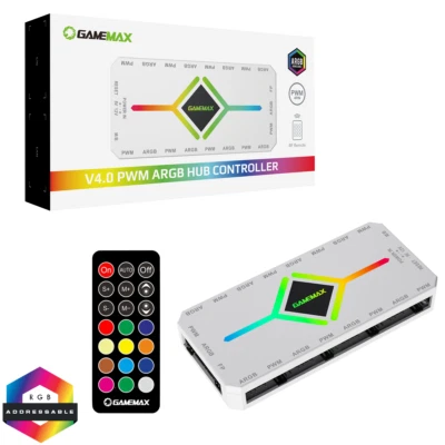 GameMax ARGB PWM V4.0 White Controller 9 Port 8 x Fans Hub SATA Power RF Remote