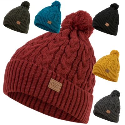 HIGHLANDER Knitted Bobble Hat Ski Thermal Winter Warm Fleece Lin Green Black Grey Red Yello