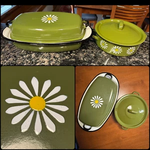 4pc Vtg Daisy Enamel Roaster Pan Pot Set Lids Kitchen Ware Avocado Green 60s 70s - Picture 1 of 22