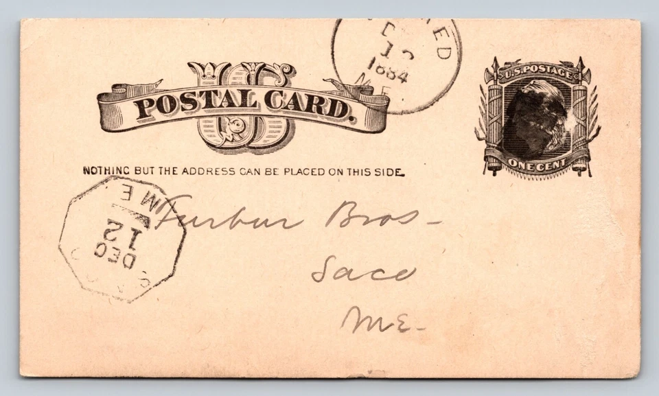 1881 UX7 Victorian Era US Postal Card 1c Furber Bros SACO Maine FANCY Cancel - Image 1 of 3