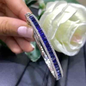 14K White Gold Plated Silver 6Ct Princess Cut Simulated Sapphire Bangle Bracelet - Picture 1 of 7