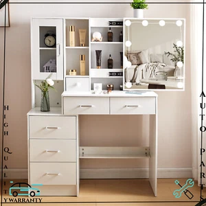Modern LED Mirror Dressing Table Set White Vanity Desk W/ 6 Drawers & Shelves US - Picture 1 of 12