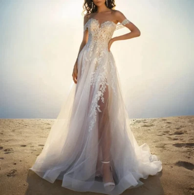 Off The Shoulder Beach Wedding Dresses Lace Appliques Slit A Line Long Tulle - Image 1 of 4