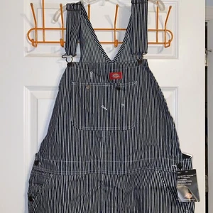 NEW Dickies Hickory Stripe Carpenter Bib Overalls Mens 42x32 Railroad Blue - Picture 1 of 7